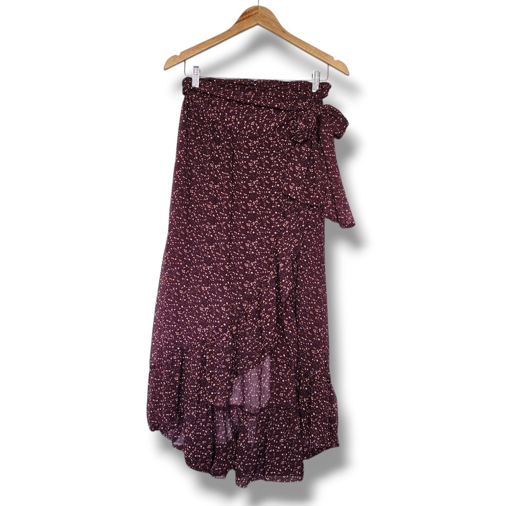 Abercrombie & Fitch Wrap Skirt S Burgundy Dark Floral Ruffle Flowy Romantic Fall